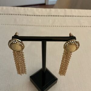 Cream Colored Oval Cabochon and Rhinestone Gold Tone Tassel Statement Earrings